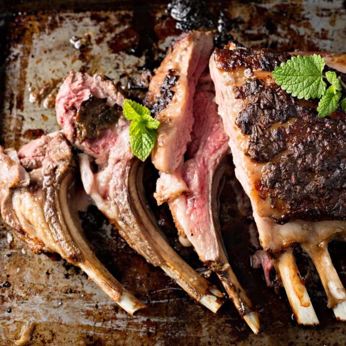 Rack of Lamb, a culinary masterpiece sourced from Ontario Grass-Fed, Pasture-raised Lamb of the prestigious East Friesian Breed.