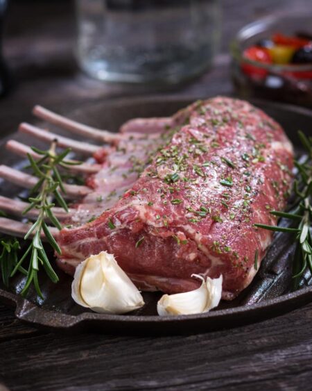 Rack of Lamb, a culinary masterpiece sourced from Ontario Grass-Fed, Pasture-raised Lamb of the prestigious East Friesian Breed.